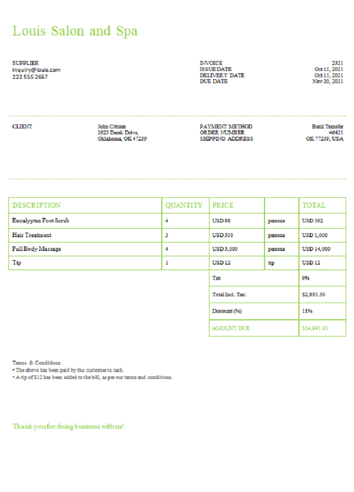 USA Louis Salon and Spa invoice PSD template